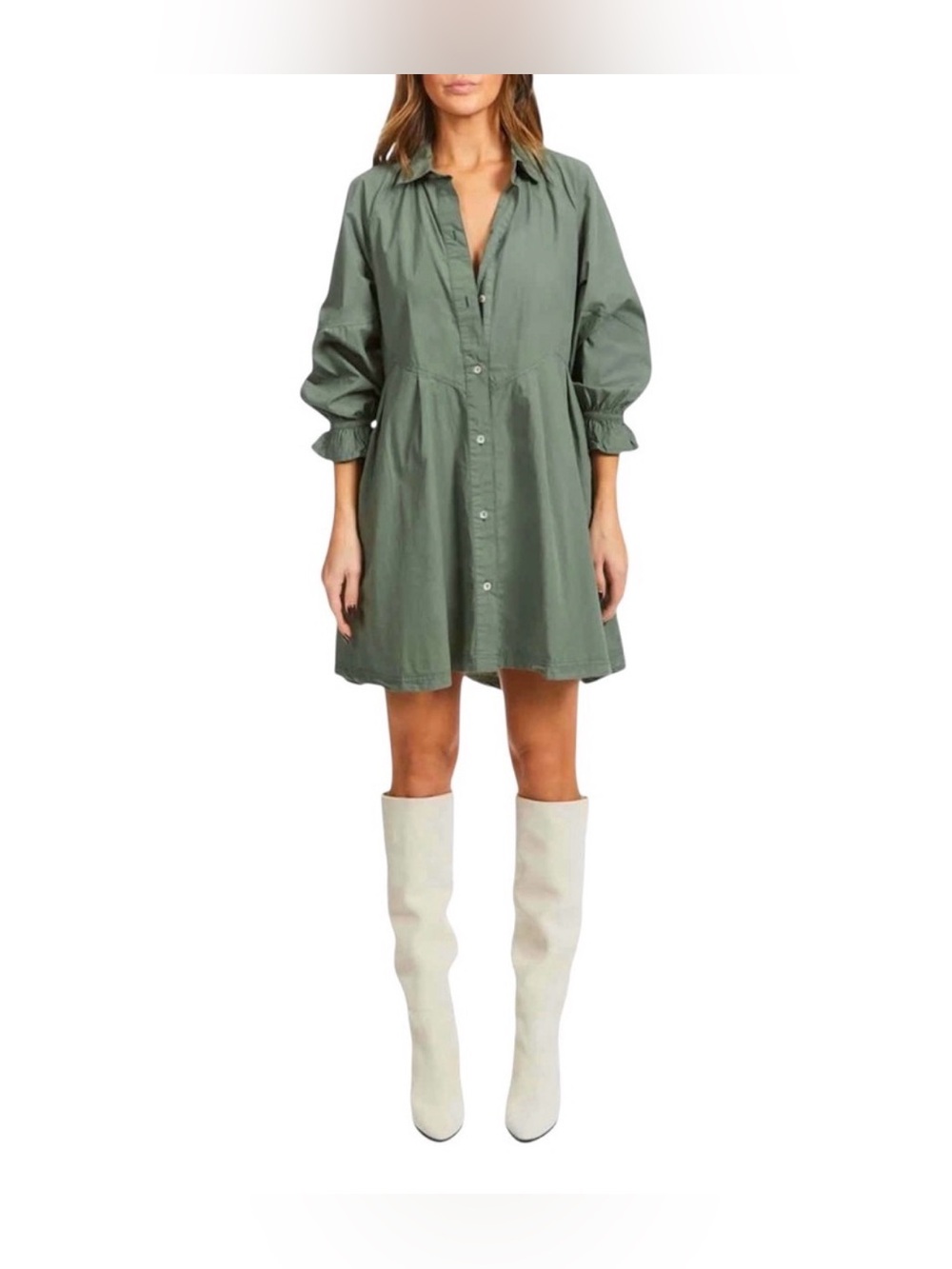 Free People NWT Hannah Poplin Dress Army Green Blouson Ruffle Sleeve Shirttail